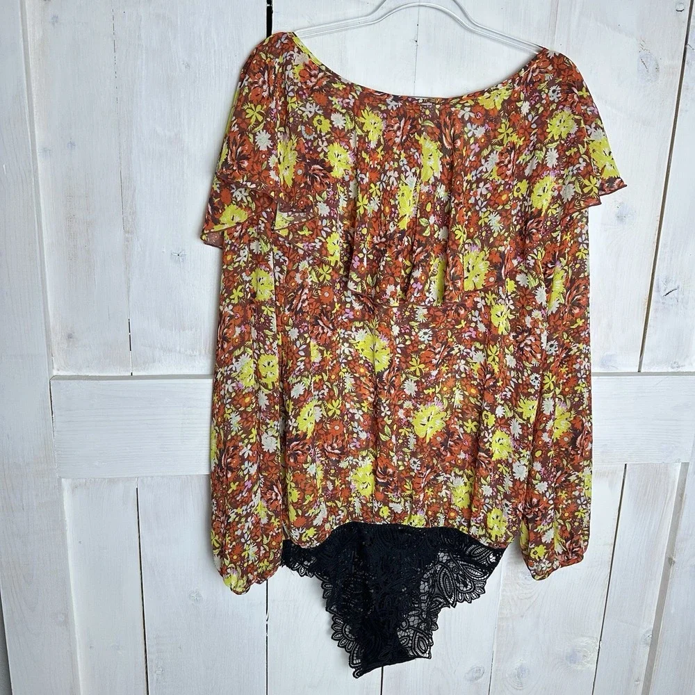 NWOT Free People Say It To Me Bodysuit‎ Sz Large Red Sienna Floral Long Sleeve